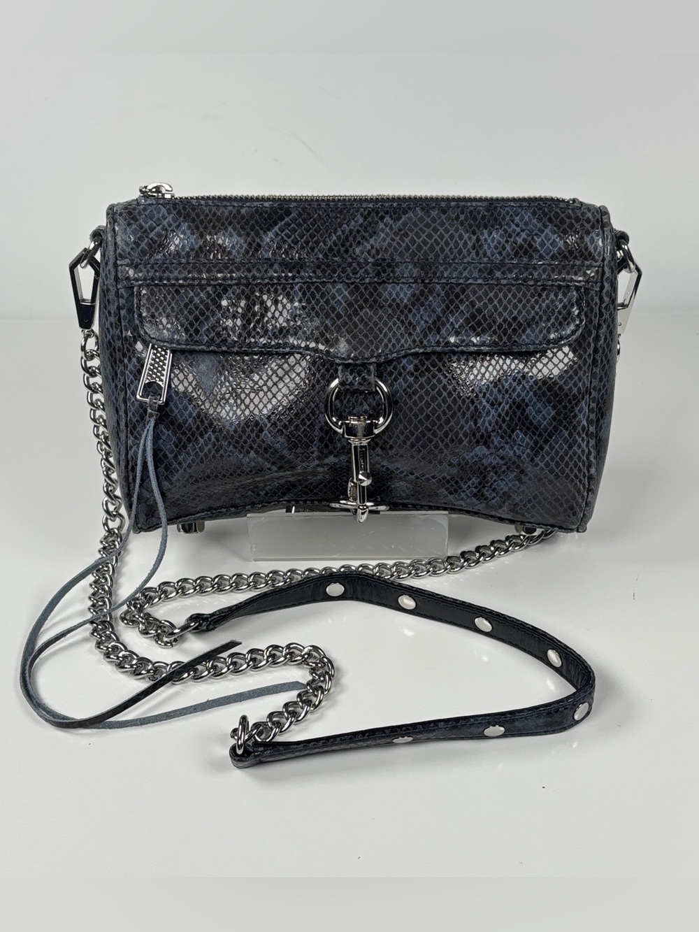 Rebecca Minkoff Black/Gray Snake-Print Crossbody with Silver Chain and accents.